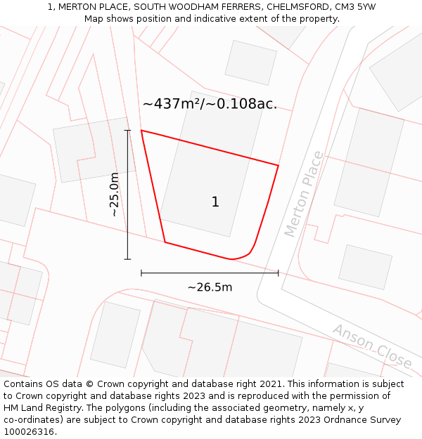 1, MERTON PLACE, SOUTH WOODHAM FERRERS, CHELMSFORD, CM3 5YW: Plot and title map