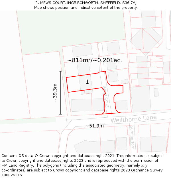 1, MEWS COURT, INGBIRCHWORTH, SHEFFIELD, S36 7AJ: Plot and title map