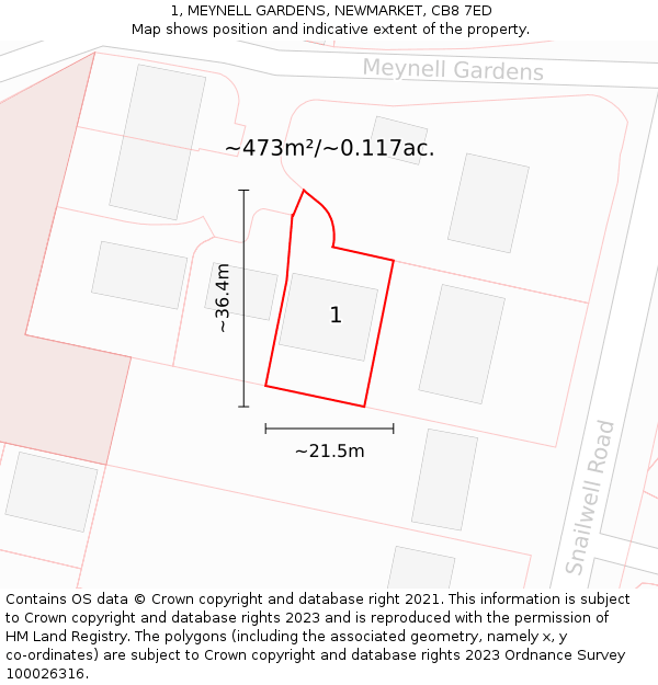 1, MEYNELL GARDENS, NEWMARKET, CB8 7ED: Plot and title map