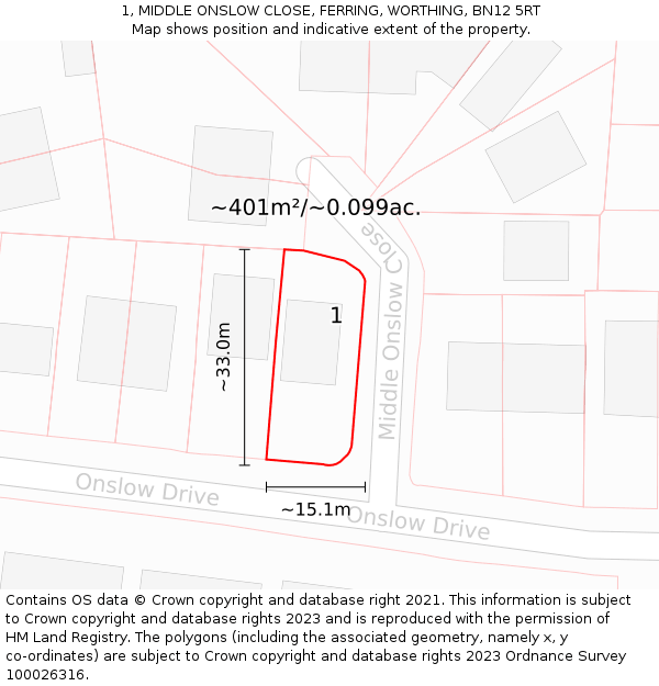 1, MIDDLE ONSLOW CLOSE, FERRING, WORTHING, BN12 5RT: Plot and title map