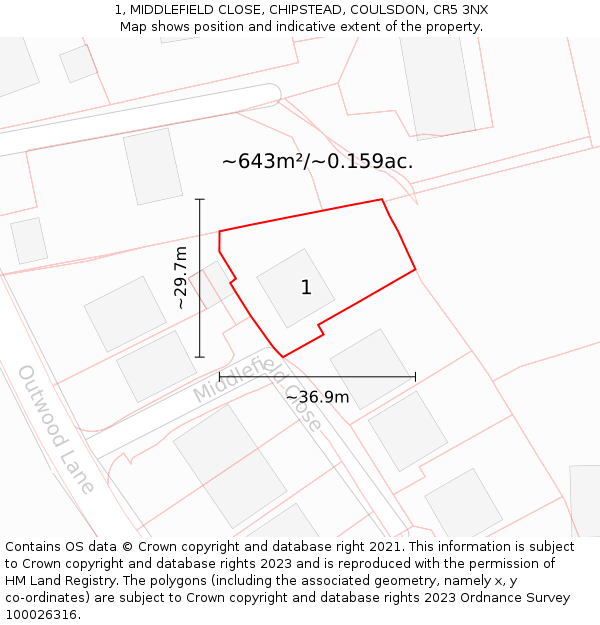 1, MIDDLEFIELD CLOSE, CHIPSTEAD, COULSDON, CR5 3NX: Plot and title map