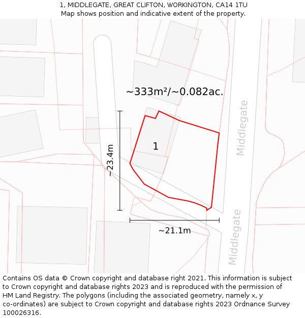 1, MIDDLEGATE, GREAT CLIFTON, WORKINGTON, CA14 1TU: Plot and title map