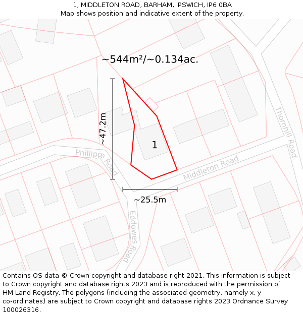 1, MIDDLETON ROAD, BARHAM, IPSWICH, IP6 0BA: Plot and title map