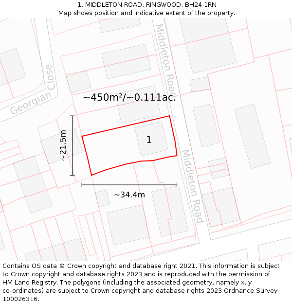 1, MIDDLETON ROAD, RINGWOOD, BH24 1RN: Plot and title map