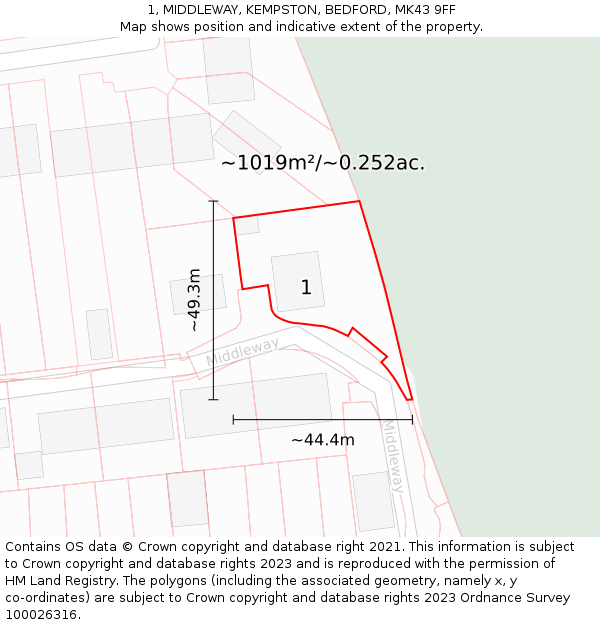 1, MIDDLEWAY, KEMPSTON, BEDFORD, MK43 9FF: Plot and title map