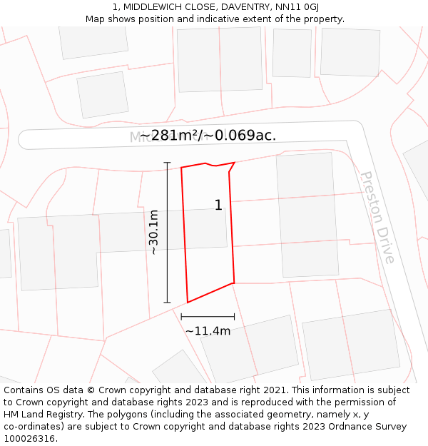 1, MIDDLEWICH CLOSE, DAVENTRY, NN11 0GJ: Plot and title map