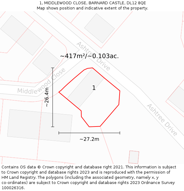 1, MIDDLEWOOD CLOSE, BARNARD CASTLE, DL12 8QE: Plot and title map