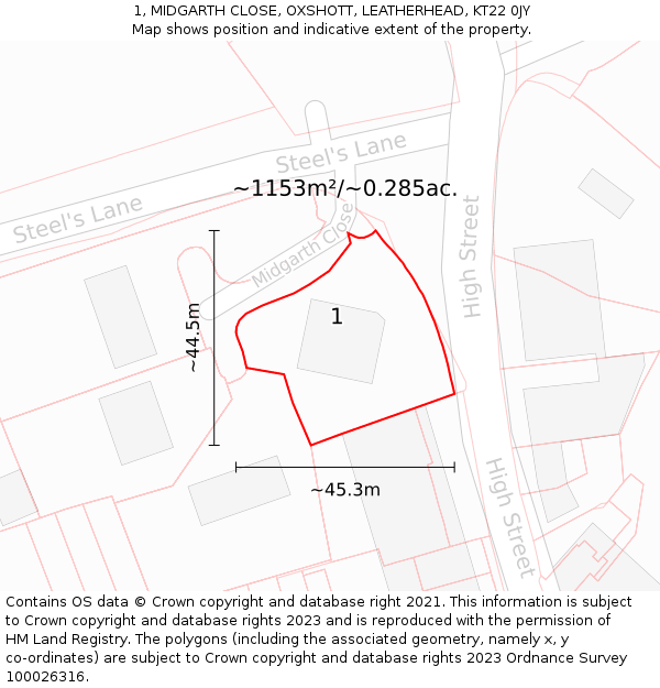 1, MIDGARTH CLOSE, OXSHOTT, LEATHERHEAD, KT22 0JY: Plot and title map