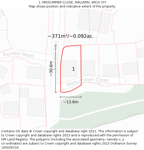 1, MIDSUMMER CLOSE, MALVERN, WR14 1FY: Plot and title map