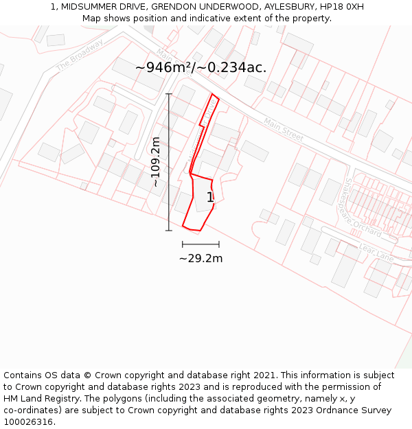 1, MIDSUMMER DRIVE, GRENDON UNDERWOOD, AYLESBURY, HP18 0XH: Plot and title map