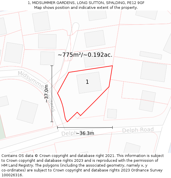 1, MIDSUMMER GARDENS, LONG SUTTON, SPALDING, PE12 9GF: Plot and title map