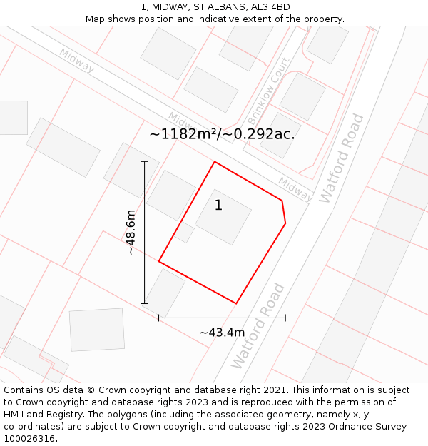 1, MIDWAY, ST ALBANS, AL3 4BD: Plot and title map