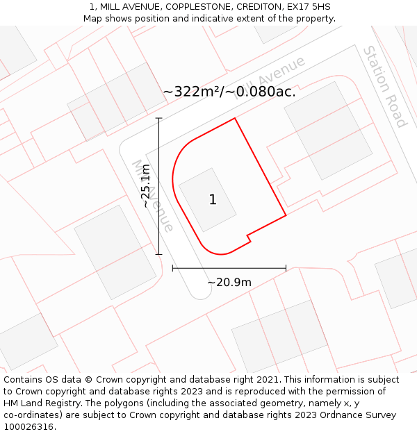 1, MILL AVENUE, COPPLESTONE, CREDITON, EX17 5HS: Plot and title map