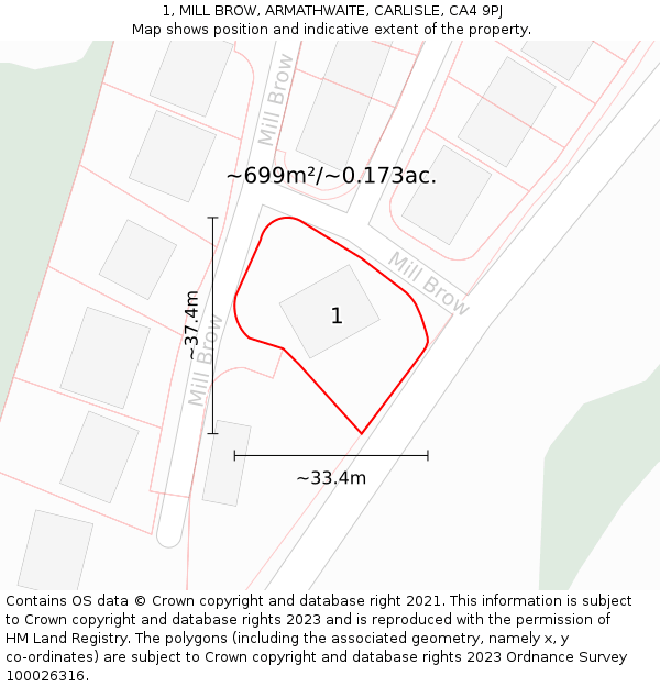 1, MILL BROW, ARMATHWAITE, CARLISLE, CA4 9PJ: Plot and title map