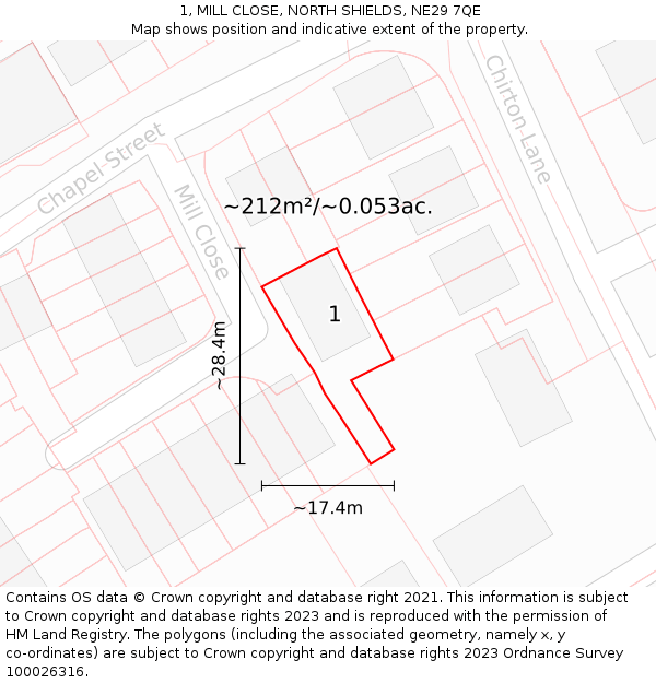 1, MILL CLOSE, NORTH SHIELDS, NE29 7QE: Plot and title map