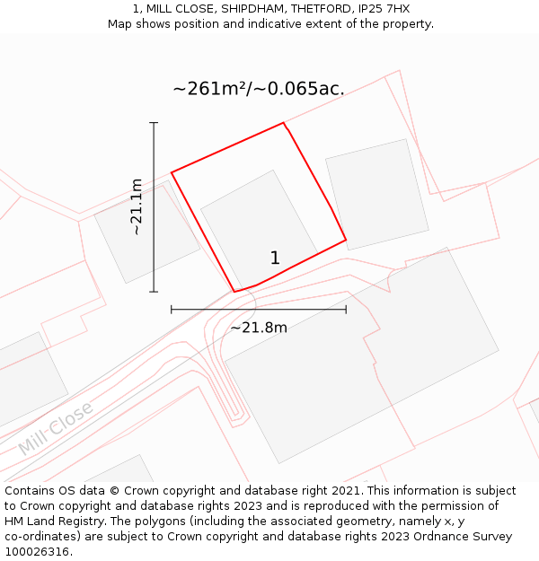 1, MILL CLOSE, SHIPDHAM, THETFORD, IP25 7HX: Plot and title map