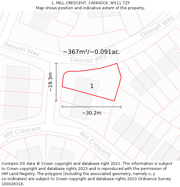 1, MILL CRESCENT, CANNOCK, WS11 7ZF: Plot and title map