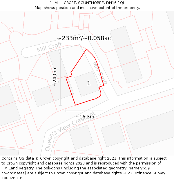 1, MILL CROFT, SCUNTHORPE, DN16 1QL: Plot and title map