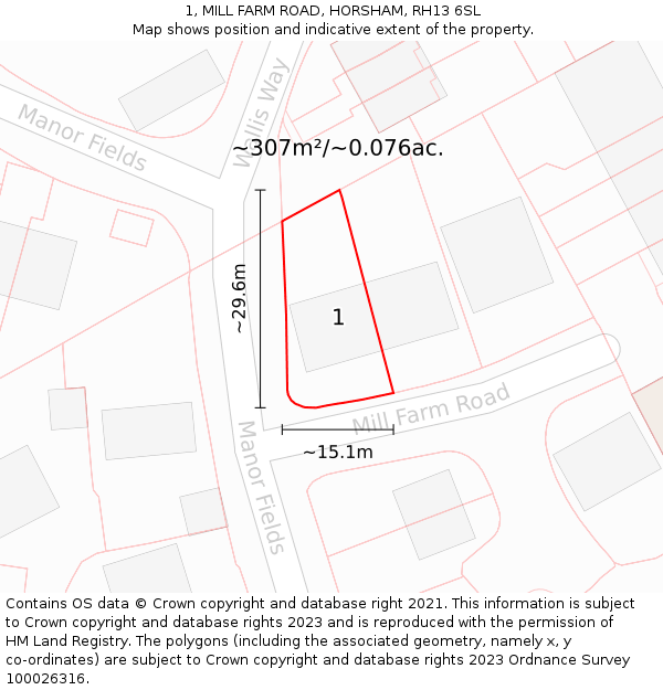 1, MILL FARM ROAD, HORSHAM, RH13 6SL: Plot and title map