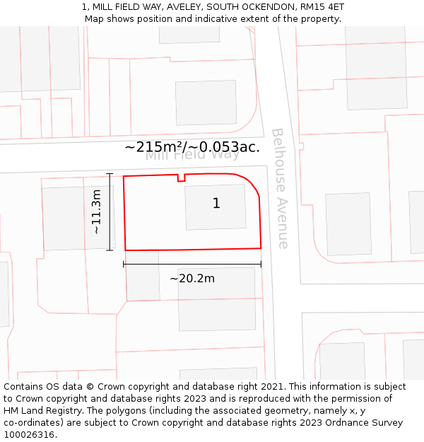 1, MILL FIELD WAY, AVELEY, SOUTH OCKENDON, RM15 4ET: Plot and title map