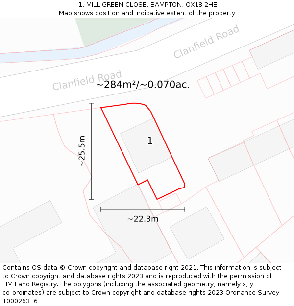 1, MILL GREEN CLOSE, BAMPTON, OX18 2HE: Plot and title map