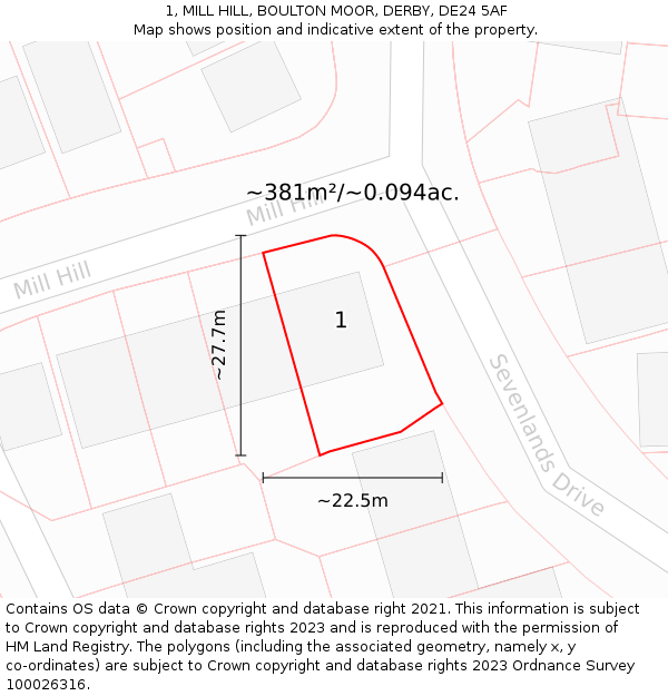 1, MILL HILL, BOULTON MOOR, DERBY, DE24 5AF: Plot and title map