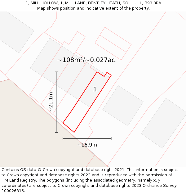 1, MILL HOLLOW, 1, MILL LANE, BENTLEY HEATH, SOLIHULL, B93 8PA: Plot and title map