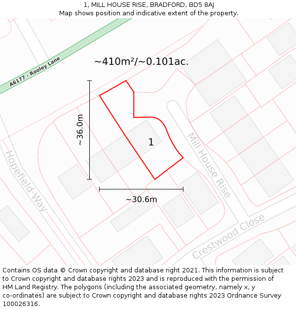 1, MILL HOUSE RISE, BRADFORD, BD5 8AJ: Plot and title map