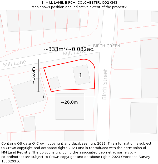 1, MILL LANE, BIRCH, COLCHESTER, CO2 0NG: Plot and title map