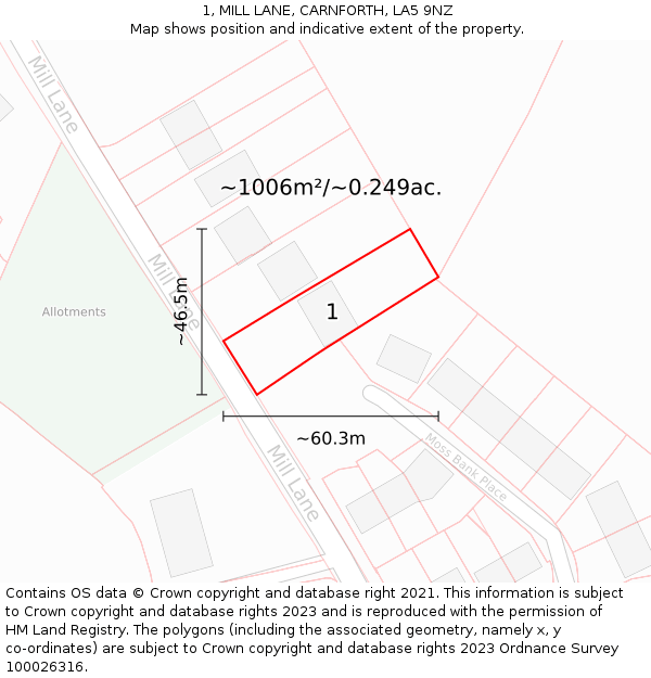 1, MILL LANE, CARNFORTH, LA5 9NZ: Plot and title map
