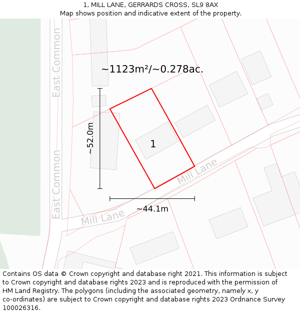 1, MILL LANE, GERRARDS CROSS, SL9 8AX: Plot and title map