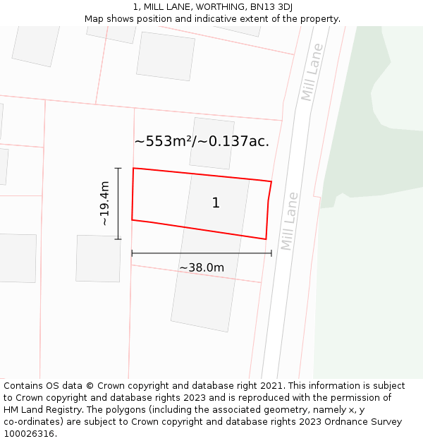 1, MILL LANE, WORTHING, BN13 3DJ: Plot and title map