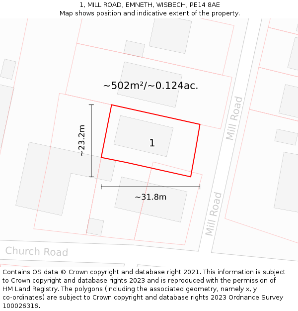 1, MILL ROAD, EMNETH, WISBECH, PE14 8AE: Plot and title map