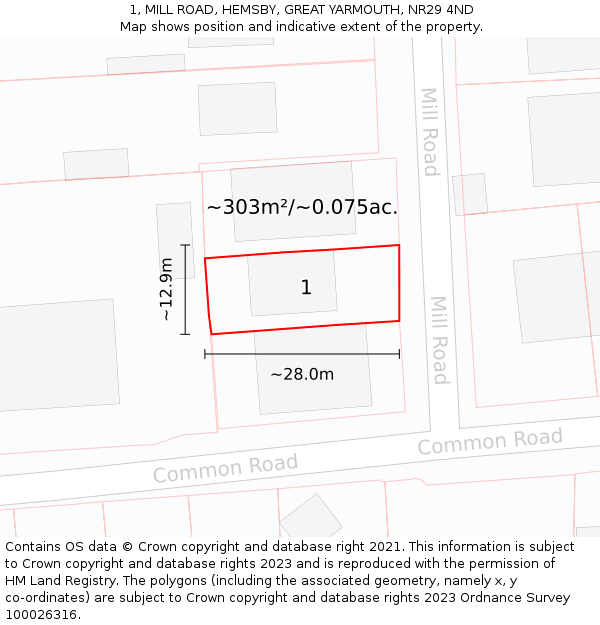 1, MILL ROAD, HEMSBY, GREAT YARMOUTH, NR29 4ND: Plot and title map