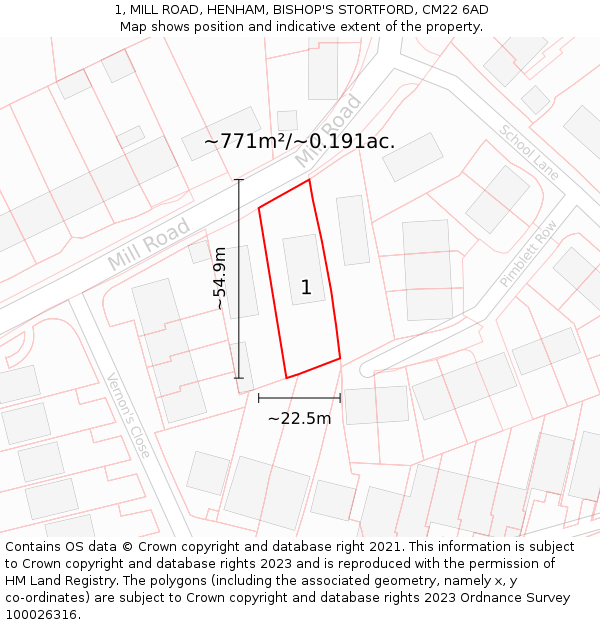1, MILL ROAD, HENHAM, BISHOP'S STORTFORD, CM22 6AD: Plot and title map