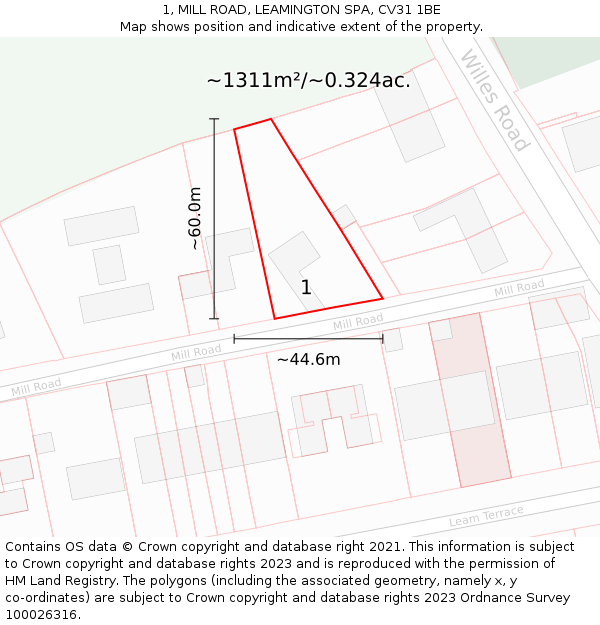 1, MILL ROAD, LEAMINGTON SPA, CV31 1BE: Plot and title map