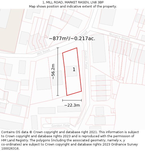 1, MILL ROAD, MARKET RASEN, LN8 3BP: Plot and title map
