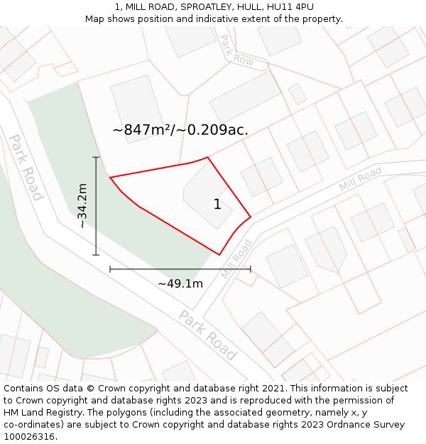 1, MILL ROAD, SPROATLEY, HULL, HU11 4PU: Plot and title map