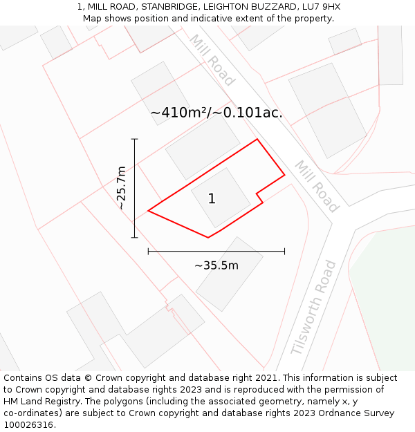 1, MILL ROAD, STANBRIDGE, LEIGHTON BUZZARD, LU7 9HX: Plot and title map