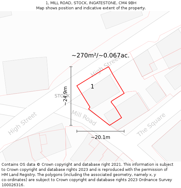 1, MILL ROAD, STOCK, INGATESTONE, CM4 9BH: Plot and title map