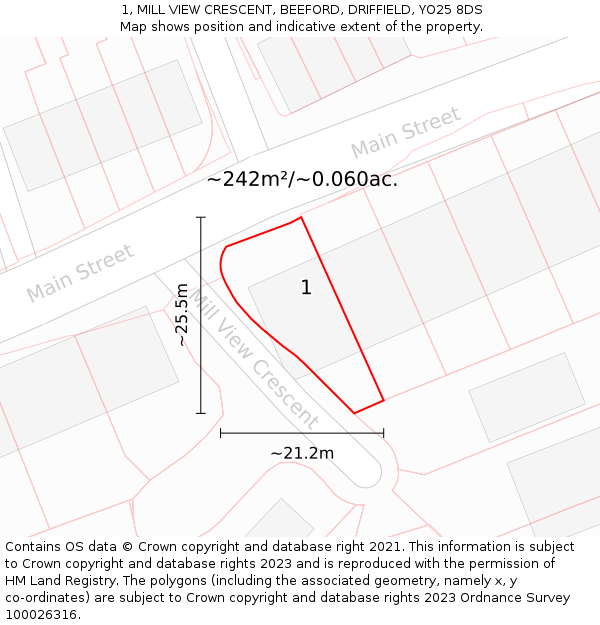 1, MILL VIEW CRESCENT, BEEFORD, DRIFFIELD, YO25 8DS: Plot and title map