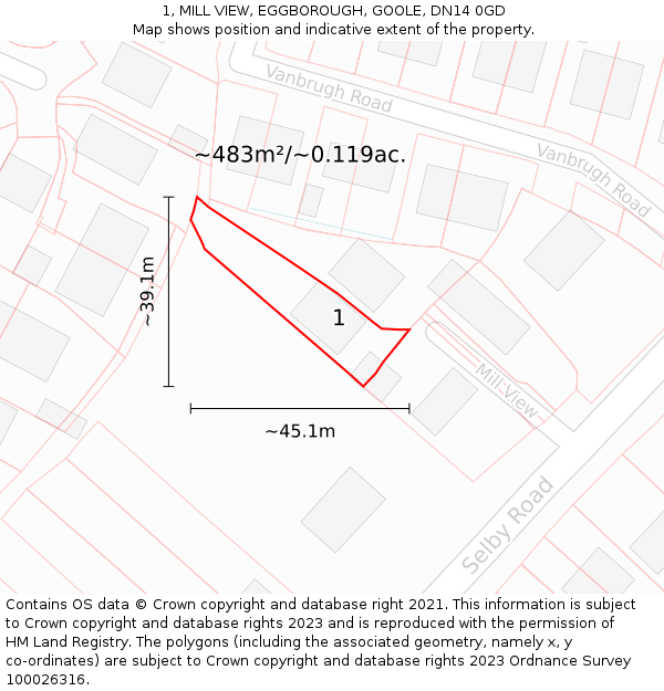 1, MILL VIEW, EGGBOROUGH, GOOLE, DN14 0GD: Plot and title map