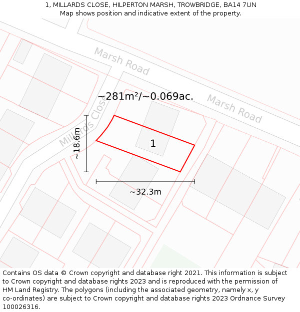 1, MILLARDS CLOSE, HILPERTON MARSH, TROWBRIDGE, BA14 7UN: Plot and title map