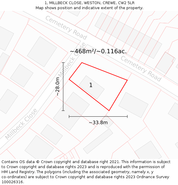 1, MILLBECK CLOSE, WESTON, CREWE, CW2 5LR: Plot and title map
