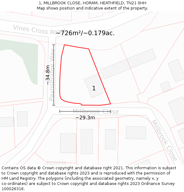 1, MILLBROOK CLOSE, HORAM, HEATHFIELD, TN21 0HH: Plot and title map