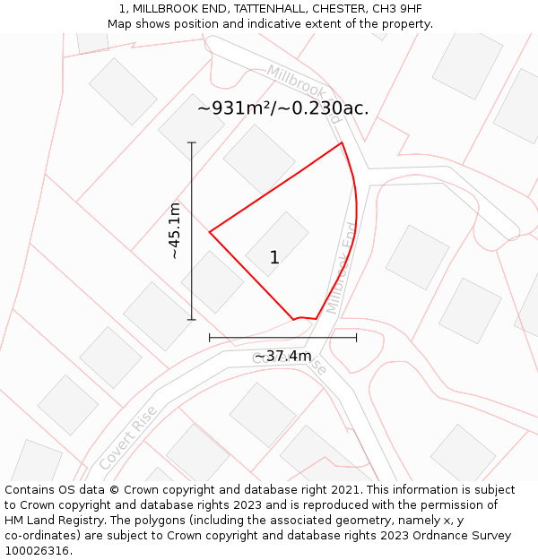 1, MILLBROOK END, TATTENHALL, CHESTER, CH3 9HF: Plot and title map