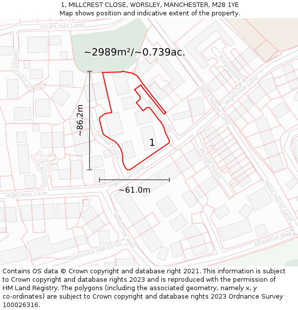 1, MILLCREST CLOSE, WORSLEY, MANCHESTER, M28 1YE: Plot and title map
