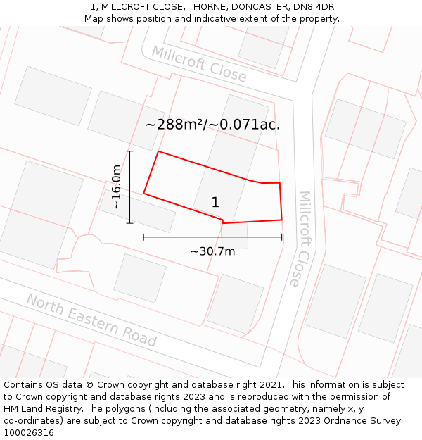 1, MILLCROFT CLOSE, THORNE, DONCASTER, DN8 4DR: Plot and title map