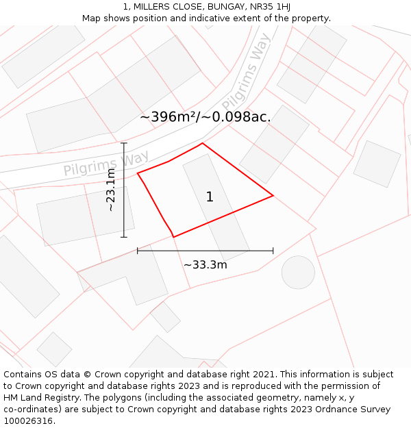 1, MILLERS CLOSE, BUNGAY, NR35 1HJ: Plot and title map