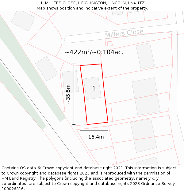 1, MILLERS CLOSE, HEIGHINGTON, LINCOLN, LN4 1TZ: Plot and title map